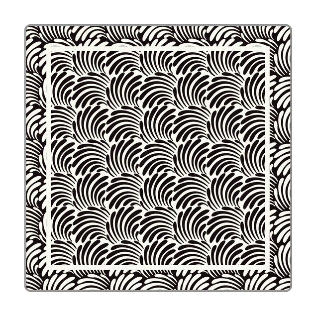 Teppich - Quadratische Blätterornamente Schwarz Weiß mit Rahmen