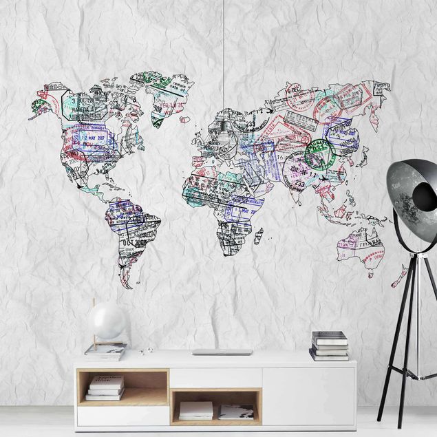 selbstklebende Tapete Reisepass Stempel Weltkarte