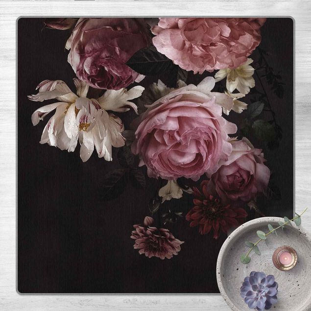 Teppich Blumenmuster Rosa Blumen auf Schwarz Vintage