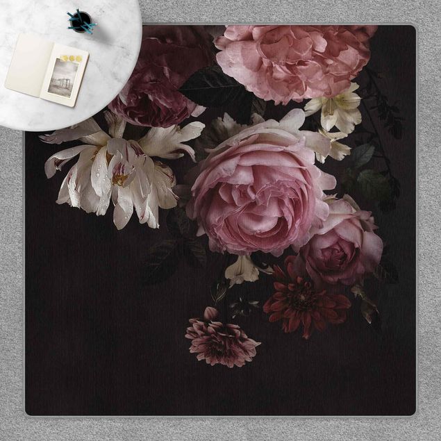 Teppich Orient Rosa Blumen auf Schwarz Vintage