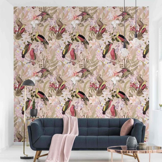 Design Tapeten Rosa Pastell Vögel mit Blumen