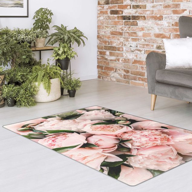 Moderne Teppiche Rosa Pfingstrosen mit Blättern