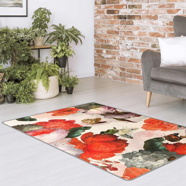 Moderne Teppiche Rote Blumen mit Schmetterlingen