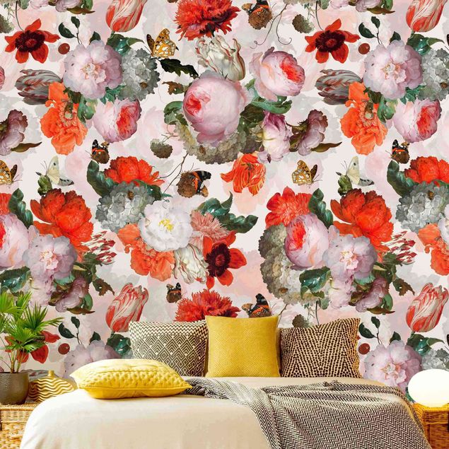 Design Tapeten Rote Blumen mit Schmetterlingen