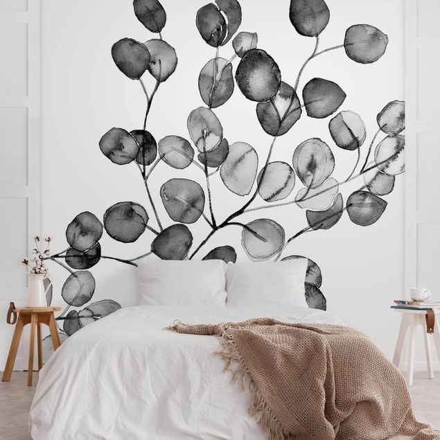 Design Tapeten Schwarz Weiß Aquarell Eukalyptuszweig