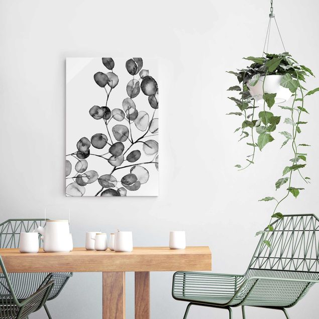Glasbilder Blumen Schwarz Weiß Aquarell Eukalyptuszweig