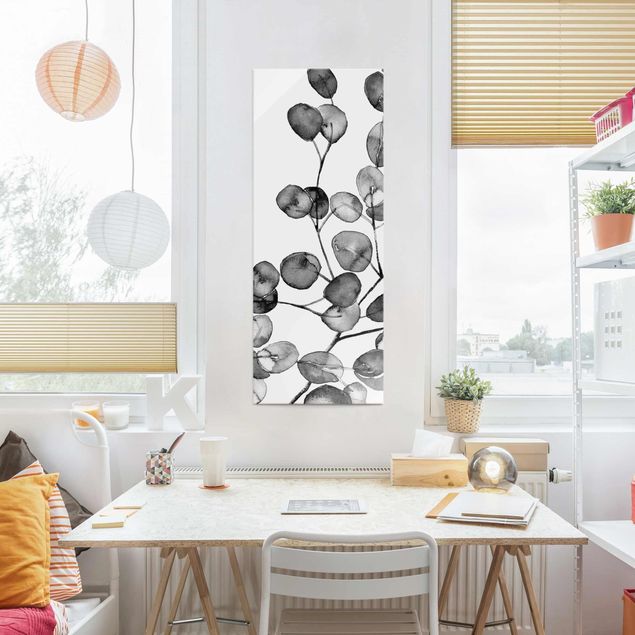 Glasbilder Schwarz-Weiß Schwarz Weiß Aquarell Eukalyptuszweig