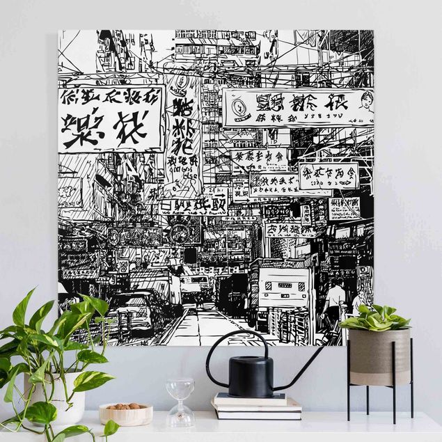 Leinwandbild mit Spruch Schwarzweiße Zeichnung Asiatische Straße