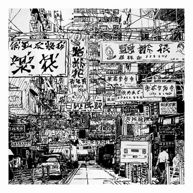Leinwandbild - Schwarzweiße Zeichnung Asiatische Straße - Quadrat - 1:1