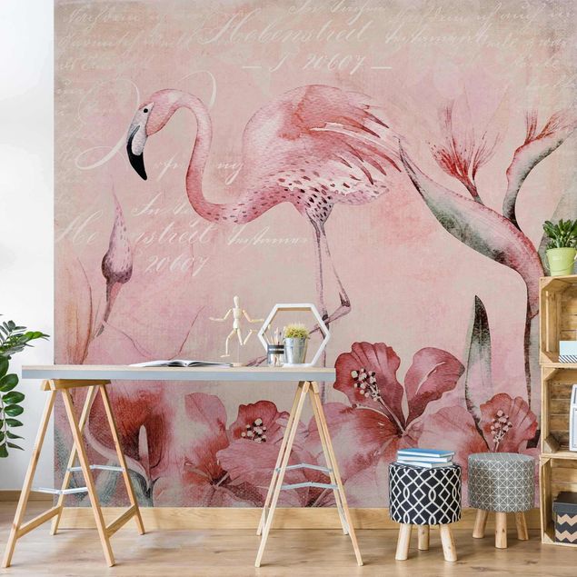 Fototapete Vögel Shabby Chic Collage - Flamingo