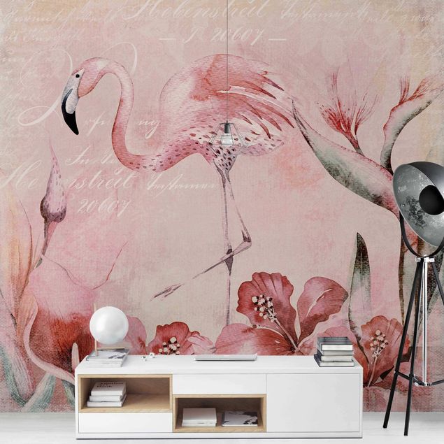 Fototapete Aquarell Shabby Chic Collage - Flamingo