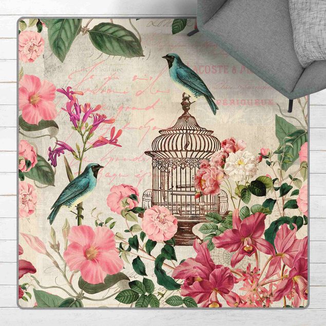 Teppich Blumen Shabby Chic Collage - Rosa Blüten und blaue Vögel