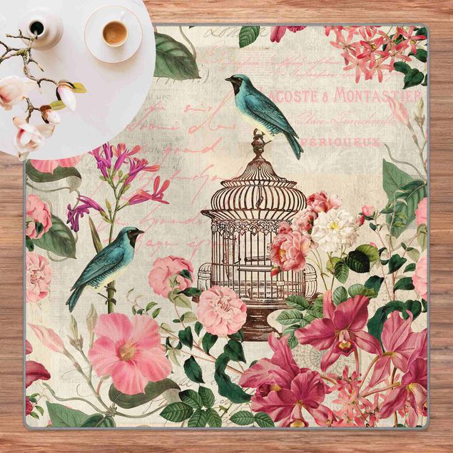 Teppich rosa Shabby Chic Collage - Rosa Blüten und blaue Vögel