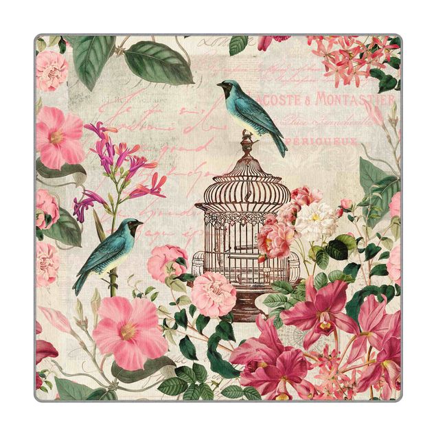 Teppich - Shabby Chic Collage - Rosa Blüten und blaue Vögel