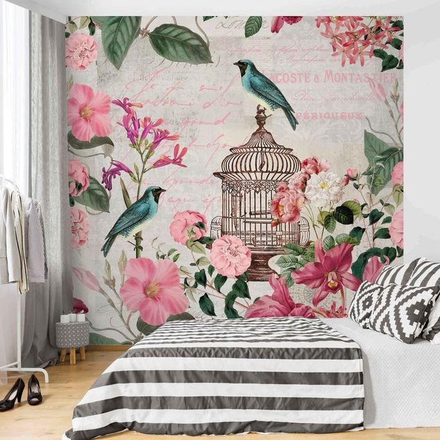 Tapete Landhaus Shabby Chic Collage - Rosa Blüten und blaue Vögel