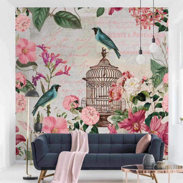 Tapete Shabby Shabby Chic Collage - Rosa Blüten und blaue Vögel
