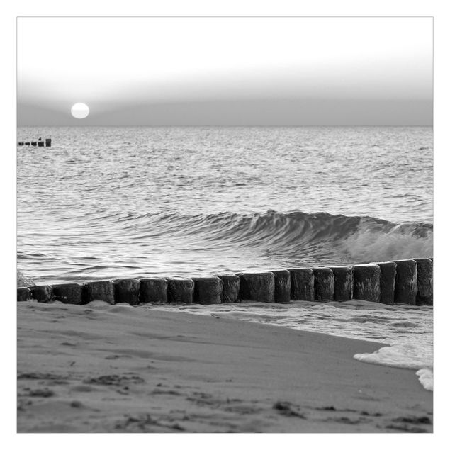 Fototapete - Sonnenuntergang am Meer Schwarz-Weiß