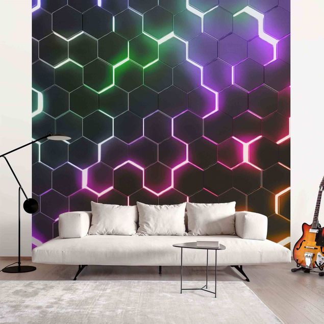 Design Tapeten Strukturierte Hexagone mit Neonlicht