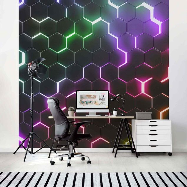 Fototapete selbstklebend Strukturierte Hexagone mit Neonlicht