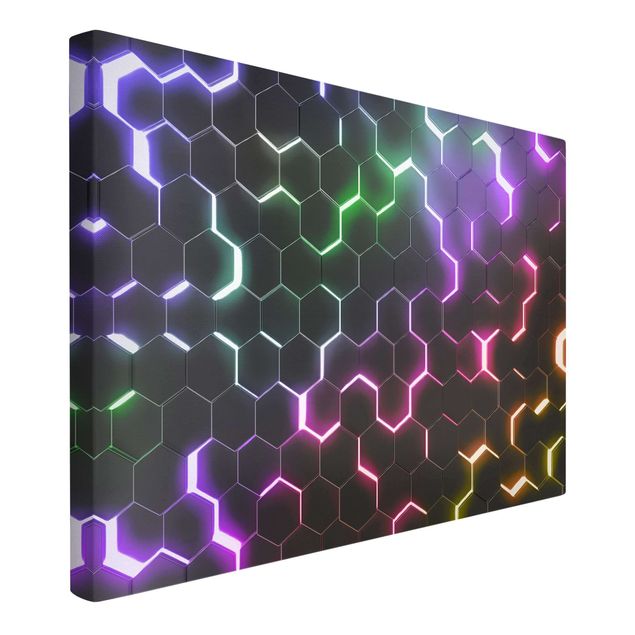 Leinwandbild - Strukturierte Hexagone mit Neonlicht - Querformat - 3:2