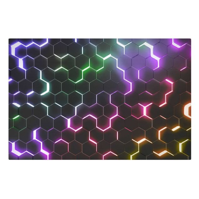 Leinwandbild - Strukturierte Hexagone mit Neonlicht - Querformat - 3:2