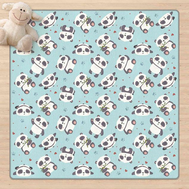 Teppich Kinderzimmer Süße Pandabären mit Tapsen und Herzen Pastellblau