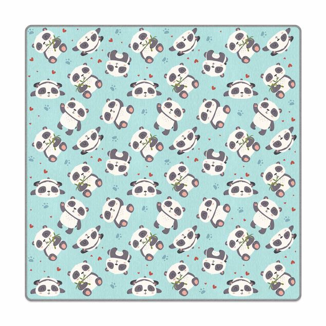 Teppich - Süße Pandabären mit Tapsen und Herzen Pastellblau