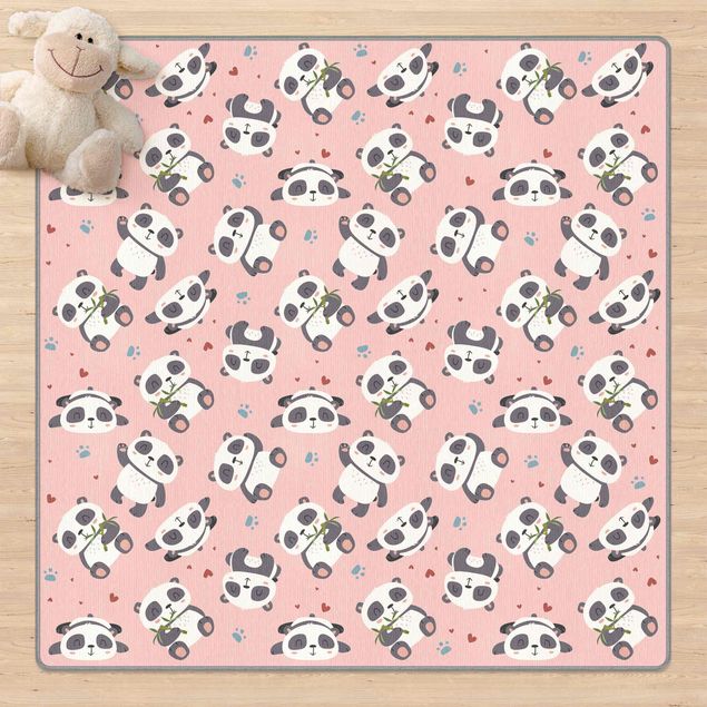 Teppich Kinderzimmer Süße Pandabären mit Tapsen und Herzen Pastellrosa