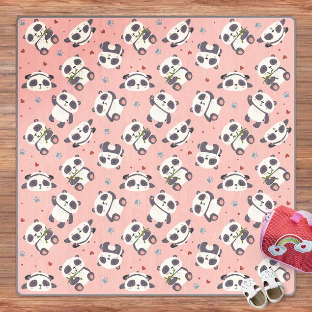 Teppich modern Süße Pandabären mit Tapsen und Herzen Pastellrosa