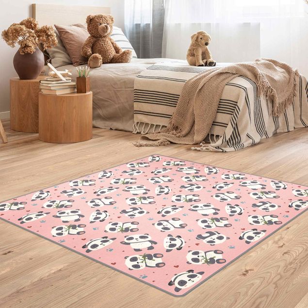 Teppich rosa Süße Pandabären mit Tapsen und Herzen Pastellrosa