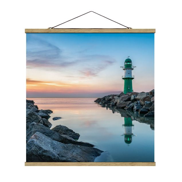Stoffbild mit Posterleisten - Sunset at the Lighthouse - Quadrat 1:1