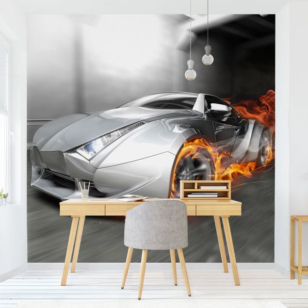 Fototapete selbstklebend Supercar in Flammen
