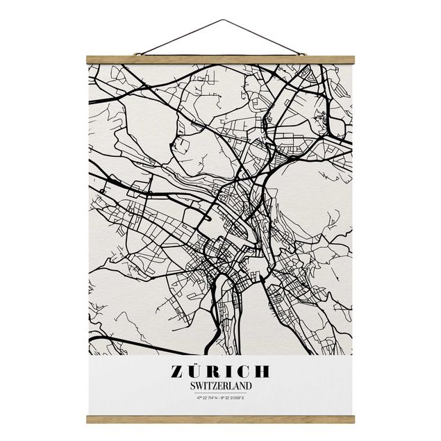 Stoffbild mit Posterleisten - Stadtplan Zürich - Klassik - Hochformat 3:4