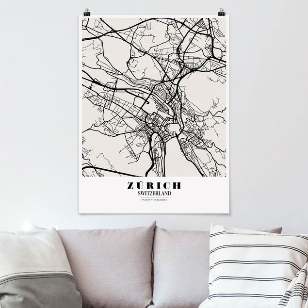 Poster schwarz-weiß Fotografie Stadtplan Zürich - Klassik