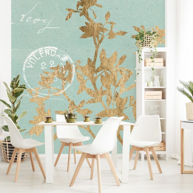 Tapete modern elegant Goldene Blätter auf Turquoise II