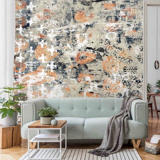 Tapeten Wohnzimmer modern Terracotta Collage