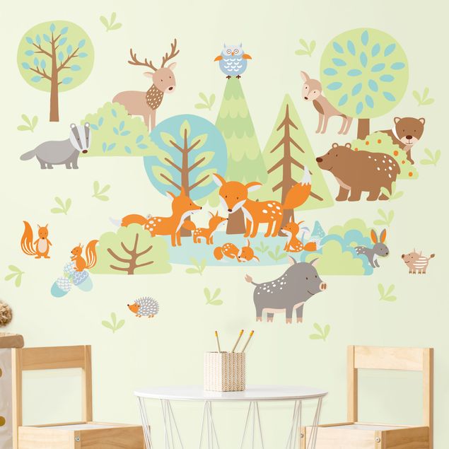 Wandtattoo Wald Tierfamilien Mega-Set mit Füchsen und Bäumen