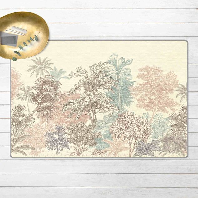 teppich mit blumenmuster Tropenwald mit Palmen in Pastell
