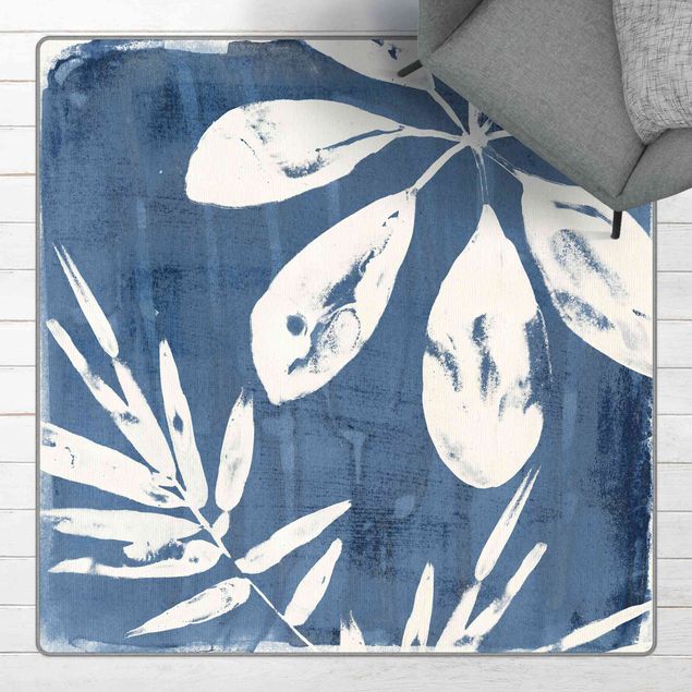 teppich mit blumenmuster Tropische Blätter Indigo II
