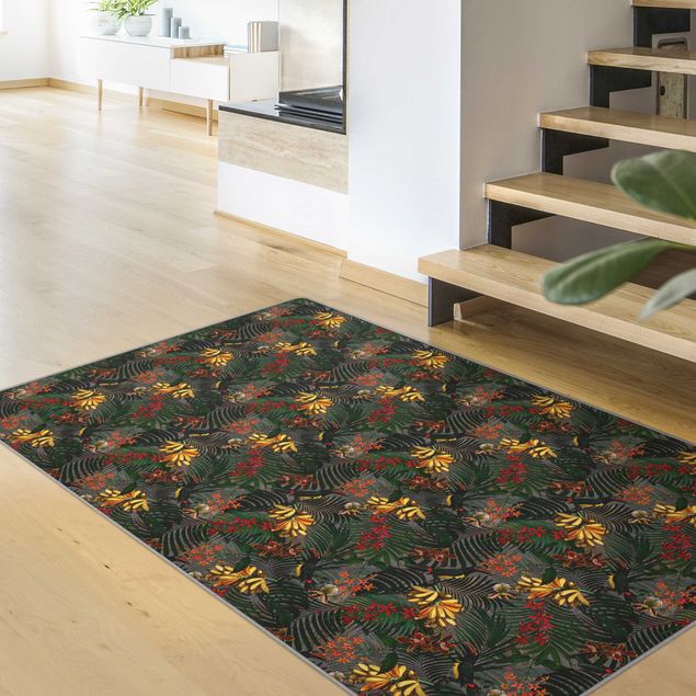 Teppich bunt Tropische Farne mit Tucan Grün