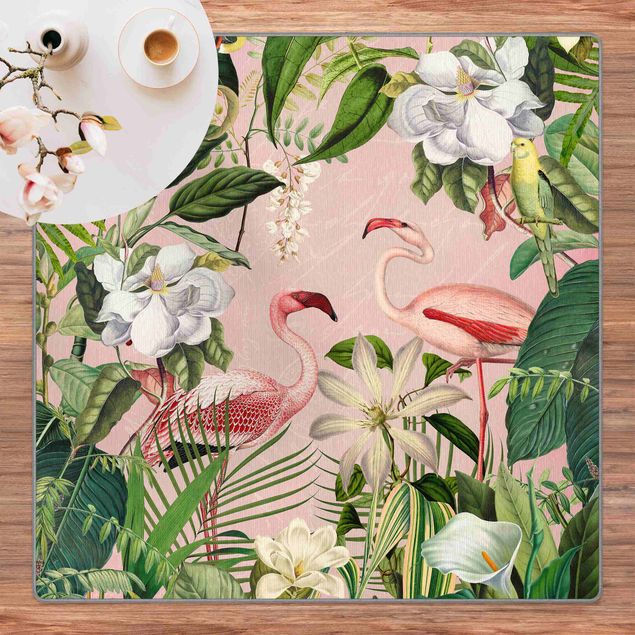 Teppich Dschungel Tropische Flamingos mit Pflanzen in Rosa