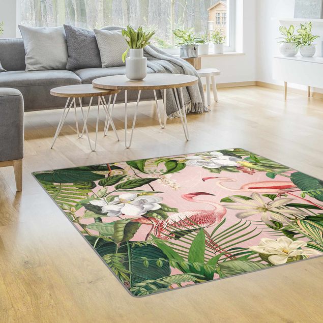 Moderne Teppiche Tropische Flamingos mit Pflanzen in Rosa