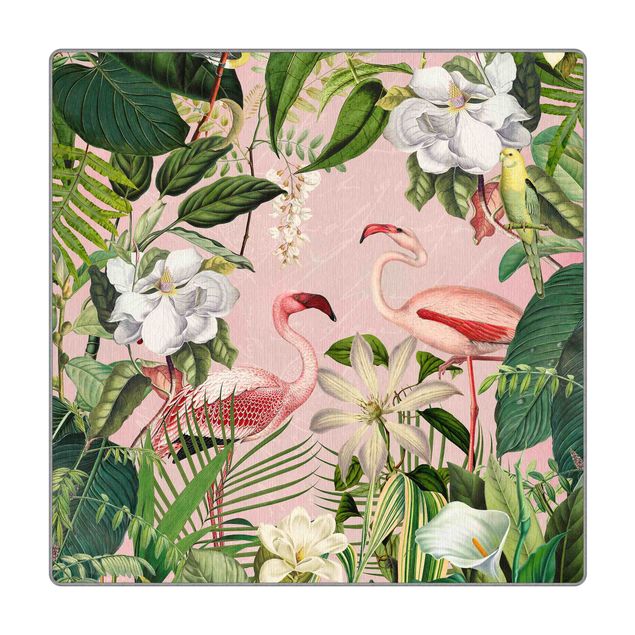 Teppich - Tropische Flamingos mit Pflanzen in Rosa
