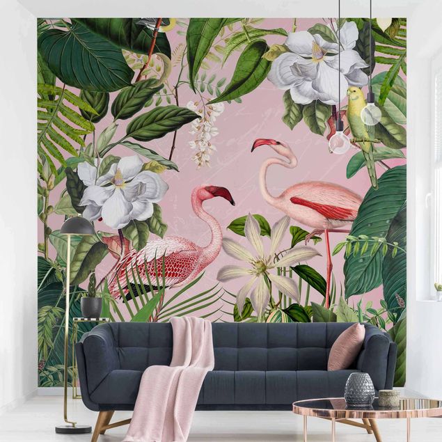 Vogel Tapete Tropische Flamingos mit Pflanzen in Rosa