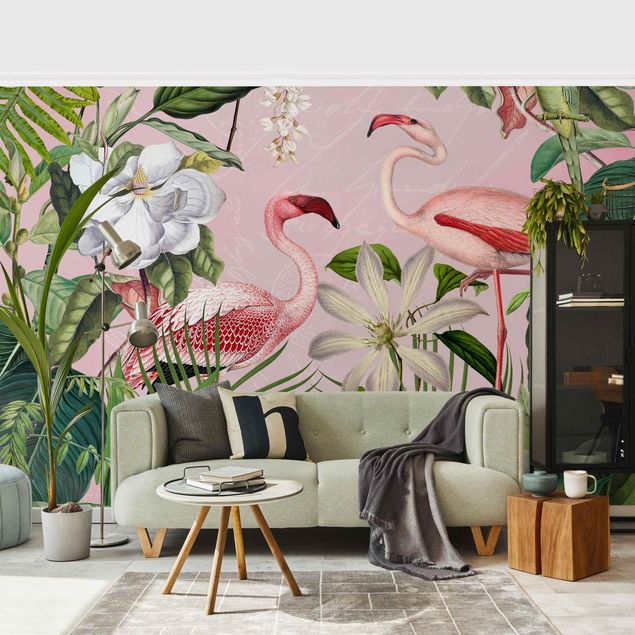 Tapete Dschungel Tropische Flamingos mit Pflanzen in Rosa