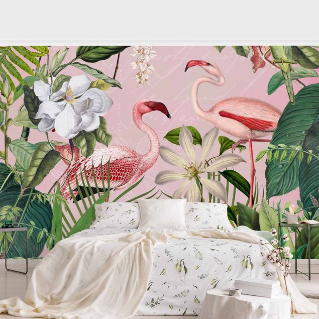 Retro Tapete Tropische Flamingos mit Pflanzen in Rosa
