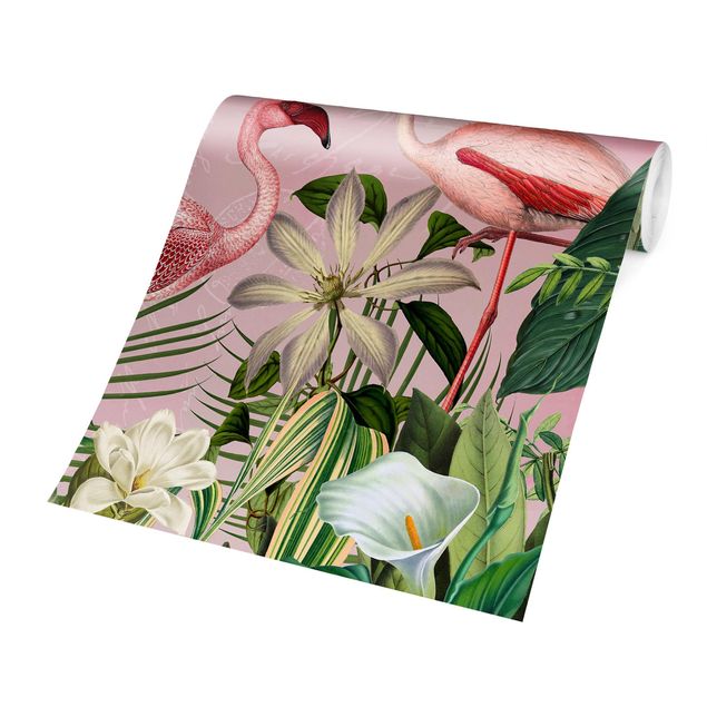 Design Tapeten Tropische Flamingos mit Pflanzen in Rosa