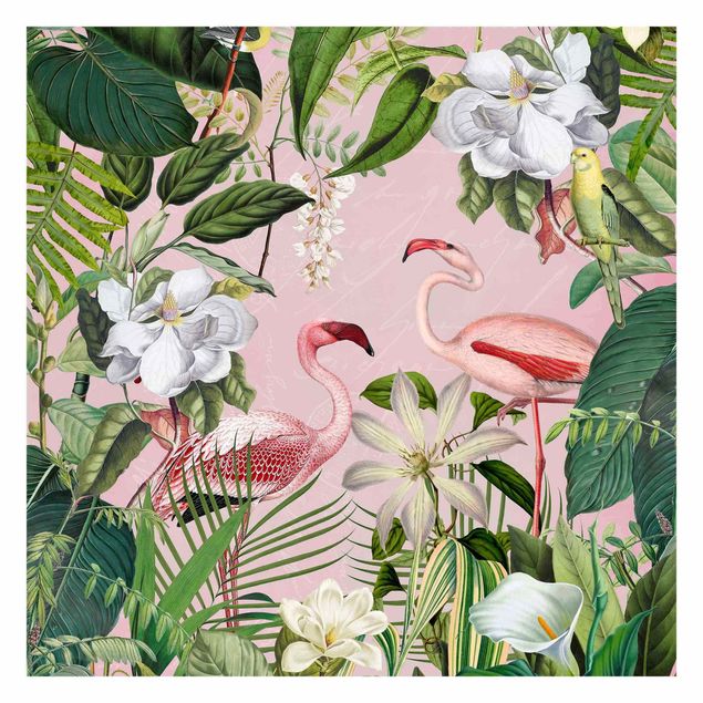 Tapete Pflanzen Tropische Flamingos mit Pflanzen in Rosa