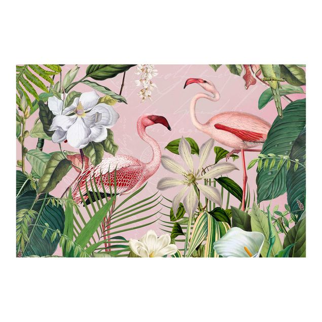 Tapete Pflanzen Tropische Flamingos mit Pflanzen in Rosa