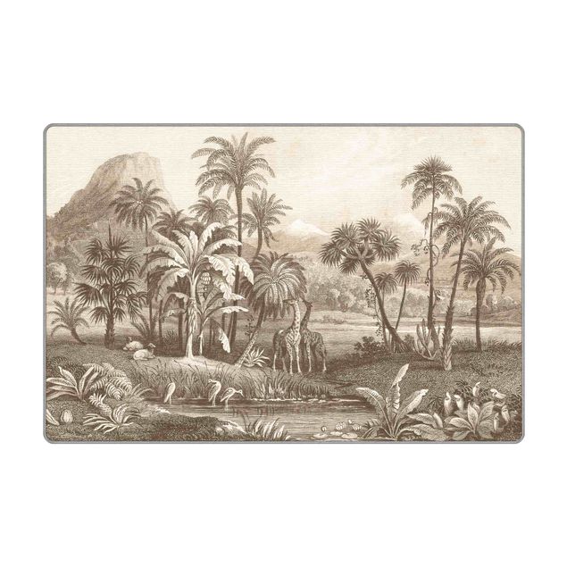 Teppich - Tropischer Kupferstich mit Giraffen in Braun